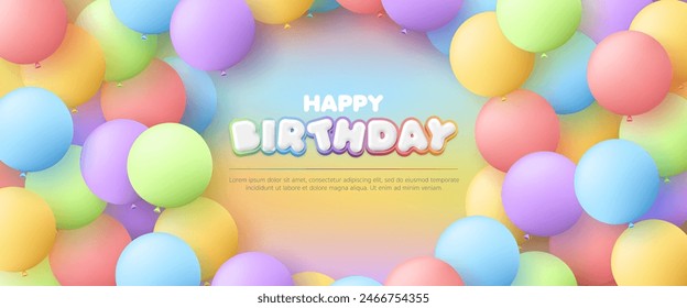 3D Happy birthday with colorful balloon on rainbow background for kids zone or children's playroom, baby birthday party event, kid sale banner, flyer, advertising, social media, backdrop, wallpaper