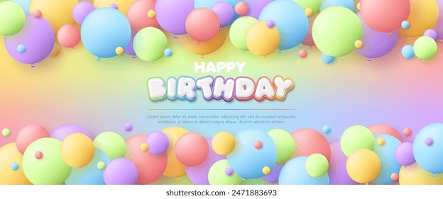 3D Happy birthday with colorful balloon on rainbow background for kids zone, children's ball playroom, baby birthday party event, kid sale banner, flyer, advertising, social media, backdrop, wallpaper