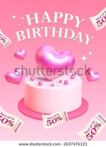3d happy birthday gift vouchers with birthday cake and coupons flying round, isolated on background. Birthday discount offer banner template in 3d vector
