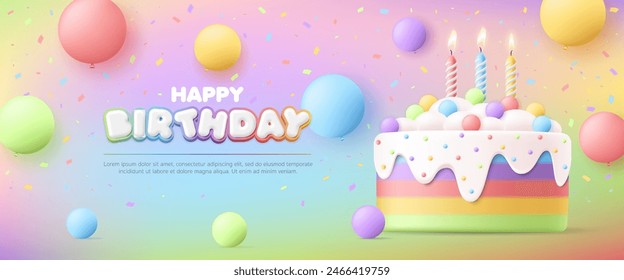 3D Happy birthday greeting card with cute rainbow cake and balloon on colorful background, baby birthday anniversary party event, kid sale banner, flyer, advertising, social media, wallpaper, website