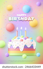 3D Happy birthday greeting card with cute rainbow cake and balloon on colorful background, baby birthday anniversary party event, kid sale banner, flyer, advertising, social media, wallpaper, website