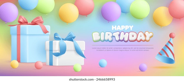 3D Happy birthday greeting card with gift box and colorful balloon on rainbow background, baby birthday anniversary party event, kid sale banner, flyer, advertising, social media, wallpaper, website