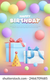 Tarjeta de felicitación de cumpleaños feliz 3D con la caja de regalo y el globo colorido en el fondo del arco iris, evento de fiesta de cumpleaños del bebé, Anuncio de la venta del niño, volante, publicidad, medios sociales, Fondo de pantalla, Sitio web