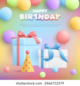 3D Happy birthday greeting card with gift box and colorful balloon on rainbow background, baby birthday anniversary party event, kid sale banner, flyer, advertising, social media, wallpaper, website