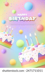 3D Feliz cumpleaños tarjeta de felicitación Plantilla de fiesta con lindo pastel de arco iris, globo, fondo colorido, evento de aniversario del bebé, Anuncio infantil, volante, publicidad, cartel, medios sociales, Fondo de pantalla, Sitio web