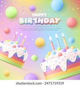 3D Feliz cumpleaños tarjeta de felicitación Plantilla de fiesta con lindo pastel de arco iris, globo, fondo colorido, evento de aniversario del bebé, Anuncio infantil, volante, publicidad, cartel, medios sociales, Fondo de pantalla, Sitio web