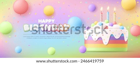 3D Happy birthday greeting card with cute rainbow cake and balloon on colorful background, baby birthday anniversary party event, kid sale banner, flyer, advertising, social media, wallpaper, website