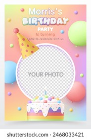 3D Happy birthday invitation greeting card vector template with rainbow cake, cute balloon, photo frame on colorful background for baby and kid invite greeting card fun party, social media, post.