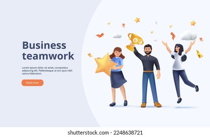 3D Happy business team employee team winners award website 3d render design vector illustration. Employee recognition and best worker competition award team celebrating victory winner business concept