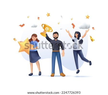 3D Happy business team employee team winners award ceremony 3d render design vector illustration. Employee recognition best worker competition award team celebrating victory winner business concept