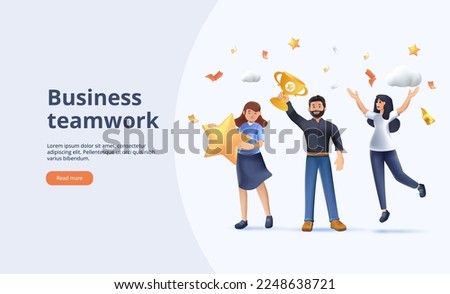 3D Happy business team employee team winners award website 3d render design vector illustration. Employee recognition and best worker competition award team celebrating victory winner business concept
