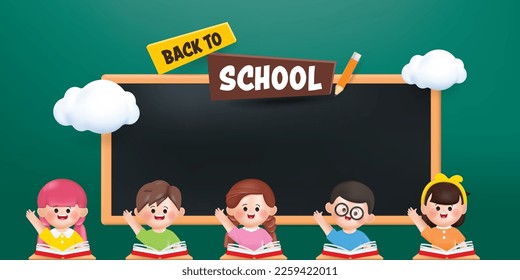 3D Happy cute Children Back to school. Learning in the classroom. Vector in 3d rendering style.