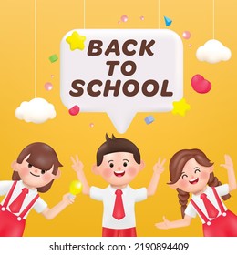 3D Happy cute Students Back to school with stationery. Vector in 3d rendering style.