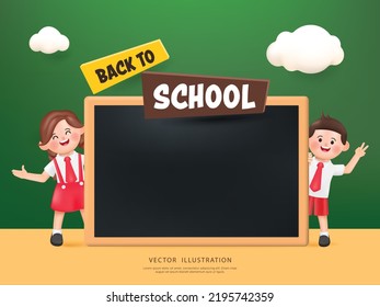 3D Happy cute Students Back to school presenting the chalkboard character . Vector in 3d rendering style.