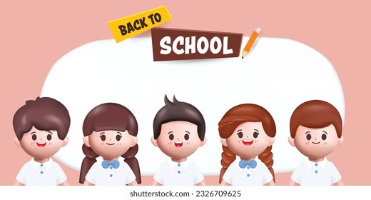 3D Happy cute Students Back to school with stationery. Vector in 3d rendering style.