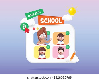 3D Happy cute Students Back to school online education website with video call conferencing. Vector in 3d rendering style.