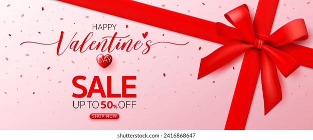 3D Happy valentine’s day banner template. special discount promotion sale offer with red ribbon, pink background for valentine online shop, store, advertising card, love, social media post, wallpaper