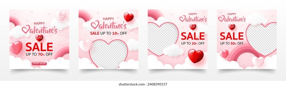 3D Happy valentine’s day sale banner template. special discount promotion sale offer with pink rainbow, sweet heart background for valentine online shop, store, advertising, web and social media post