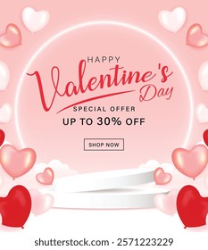 3D Happy valentine’s day sale banner template. special discount promotion sale offer with white neon, sweet heart background for valentine online shop, store, advertising, web and social media post