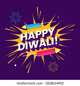 3D Happy Diwali Text with Firework Rockets on Yellow Explosion Bubble and Purple Background.