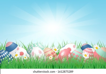 3D Happy Easter background with Colorful Easter Eggs on grass field with sunlight. Vector illustration. Banner, backdrop, spring, poster.