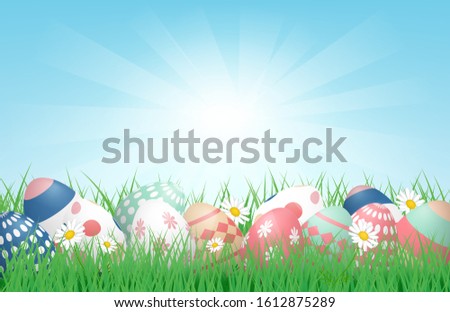 3D Happy Easter background with Colorful Easter Eggs on grass field with sunlight. Vector illustration. Banner, backdrop, spring, poster.