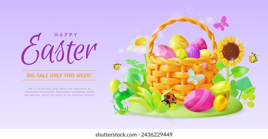 3d Happy Easter Big Sale Ads Banner Concept Poster Card. Vector illustration of Eggs Basket with Flying around Bees, Ladybug Insect and Butterfly