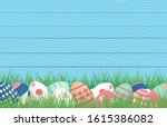 3D Happy Easter with Colorful Easter Eggs on grass field with wooden background. Vector illustration. Banner, backdrop, spring, poster.