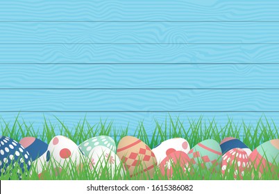 3D Happy Easter with Colorful Easter Eggs on grass field with wooden background. Vector illustration. Banner, backdrop, spring, poster.