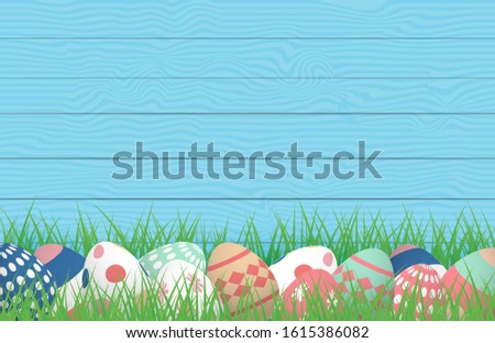 3D Happy Easter with Colorful Easter Eggs on grass field with wooden background. Vector illustration. Banner, backdrop, spring, poster.