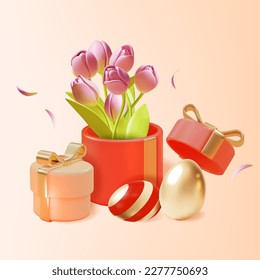 3d Happy Easter Concept Plasticine Cartoon Style Include of Painted Egg, Gift and Tulip. Vector illustration of Spring Holiday