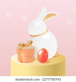 3d Happy Easter Concept Plasticine Cartoon Style Bunny and Gift on a Podium Scene. Vector illustration of Spring Holiday