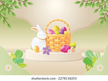 3d Happy Easter Concept Plasticine Cartoon Style Rabbit and Painted Eggs Basket on Scene. Vector illustration of Spring Holiday