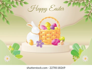 3d Happy Easter Day Ads Banner Concept with Eggs Basket Poster Card Plasticine Cartoon Style . Vector illustration of Spring Holiday