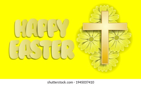 3d Happy easter day background with realistic yellow flower, and gold cross. Post card, social media post template, cover, flyer, and poster. Vector illustration 