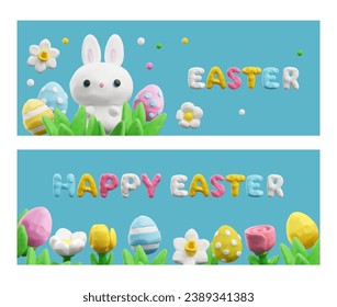 3d Happy Easter holiday postcards. Easter painted eggs, flowers and rabbit. 3D render Happy Easter symbols on greeting plasticine design with spring blossom. Nice decoration egg hunt flyers vector set