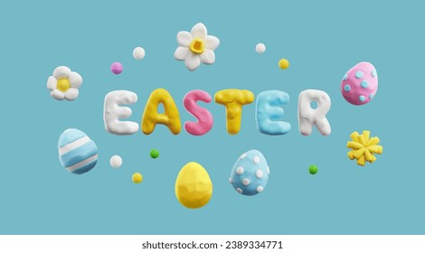 3d Postal portadora de feriado Feliz Pascua. Huevos pintados en Pascua y flores. 3D representa los símbolos Happy Easter sobre el diseño plasticino de bienvenida con floración primaveral. Bonita decoración de caza de huevos