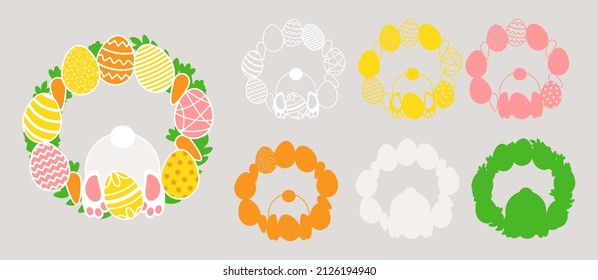 3D Feliz Pascua coronada con huevos de pascua y conejito. Decoración de papel en capas. Imprimir, cortar, pegar. Diseño de plantillas de búsqueda de huevos para niños. Ilustración de material vectorial.