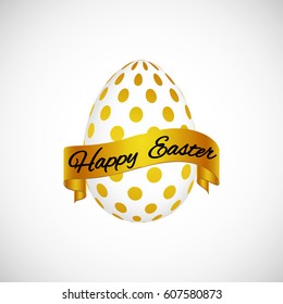 3D Happy Easter vector card with golden ribbon.
Realistic Easter Egg and banner.