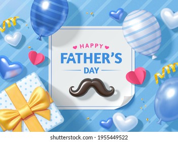 3d happy Father's Day background. Layout design of mustache, gift box and balloons viewed from above. Concept of love and gratitude for dads.