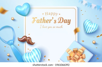 3d Happy father's day card template. Layout design with the letter, balloons, gift box viewed from above. Concept of sending love and gratitude for dads.