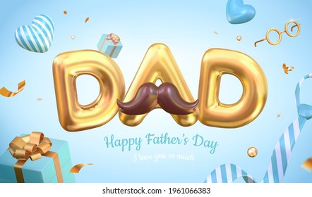 3d Happy father's day layout design. Illustrated with the balloons, gift boxes and decorations. Concept of sending love and gratitude for dads.