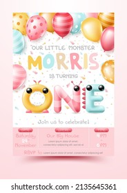 3d Happy first birthday party greeting card. Celebration background with number one design by little cute monster characters and place for your text, printable invitation card. Vector Illustration