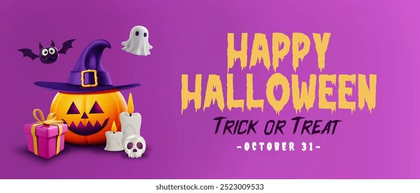 3D Happy Halloween 2024 Background with Pumpkin Jack-O'-Lantern and 3D Spooky Decorations. Perfect for Trick or Treat Celebrations, Halloween Holiday Parties, and October 31st Festivities