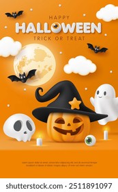 3D Happy Halloween banner template. Pumpkin, moon, skull, cute ghost, wizard hat on orange background. Website spooky, scary party, social media sale promotion poster, wallpaper. Trick or treat