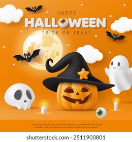 3D Happy Halloween modelo de banner. Abóbora, lua, crânio, fantasma bonito, chapéu de bruxo no fundo laranja. Site spooky, festa assustadora, mídia social promoção venda cartaz, papel de parede. Truque ou deleite