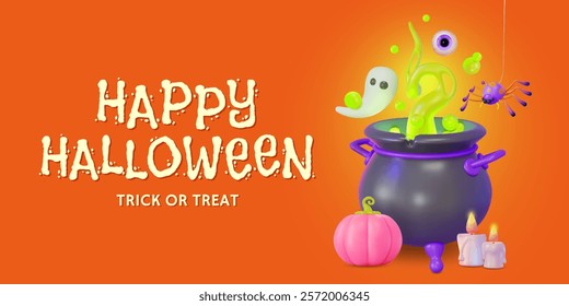 3d Happy Halloween Concept Ads Banner Poster Card. Vector illustration of Witch Cauldron or Pot and Pumpkin