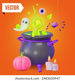 3d Happy Halloween Concept Cartoon Design Style. Vector illustration of Witch Cauldron or Pot and Pumpkin