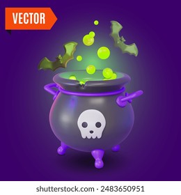 3d Happy Halloween Concept Cartoon Design Style. Vector illustration of Witch Cauldron or Pot and Flying Bat