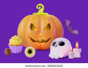 Estilo de diseño de dibujos animados de concepto de Halloween feliz 3d. Ilustración vectorial de calabaza con sonrisa de miedo cortada y diferentes caramelos